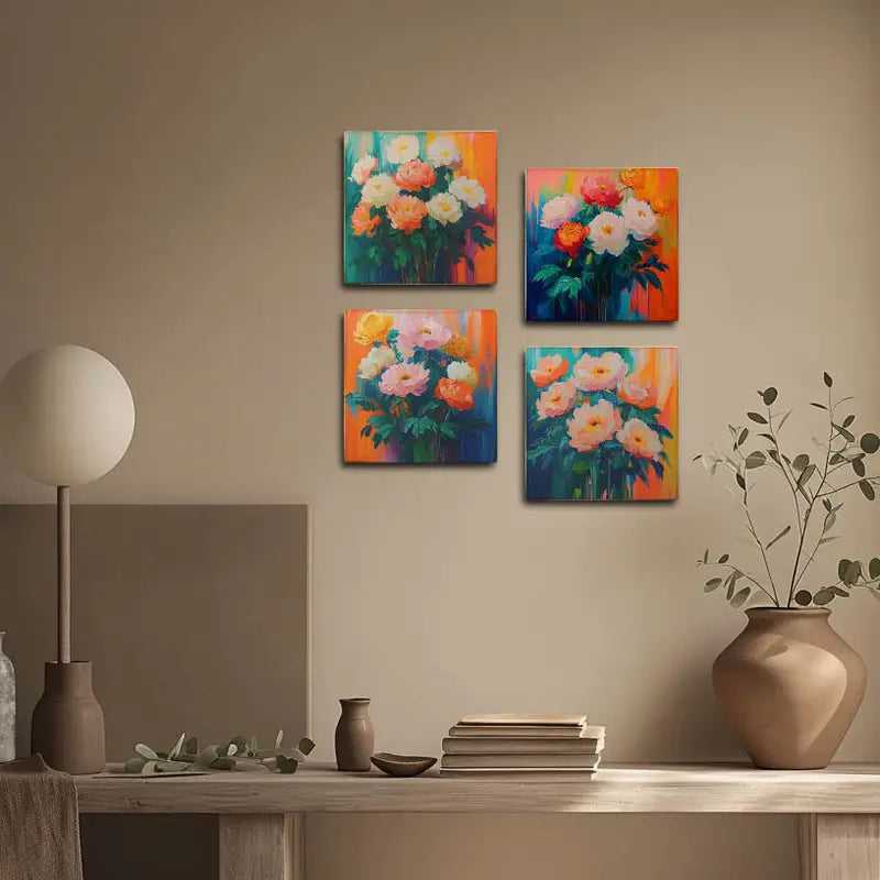4pcs Soft Pink Flower Bouquet  Wall Art Canvas Framed