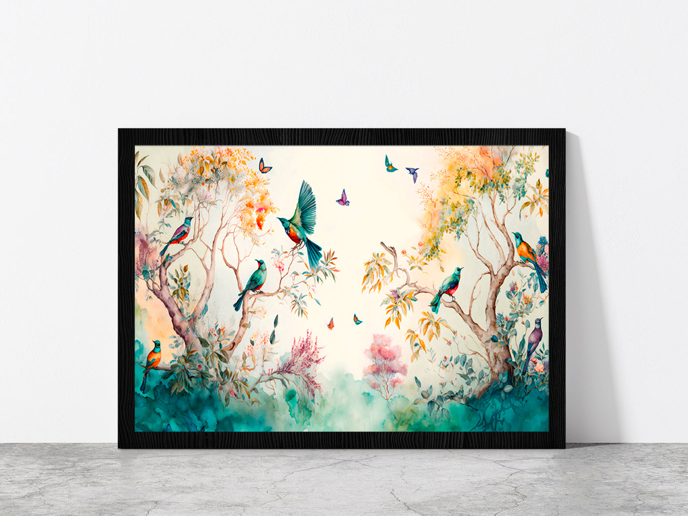 Birds & Butterflies Garden Paint Glass Framed Wall Art, Ready to Hang Quality Print Without White Border Black