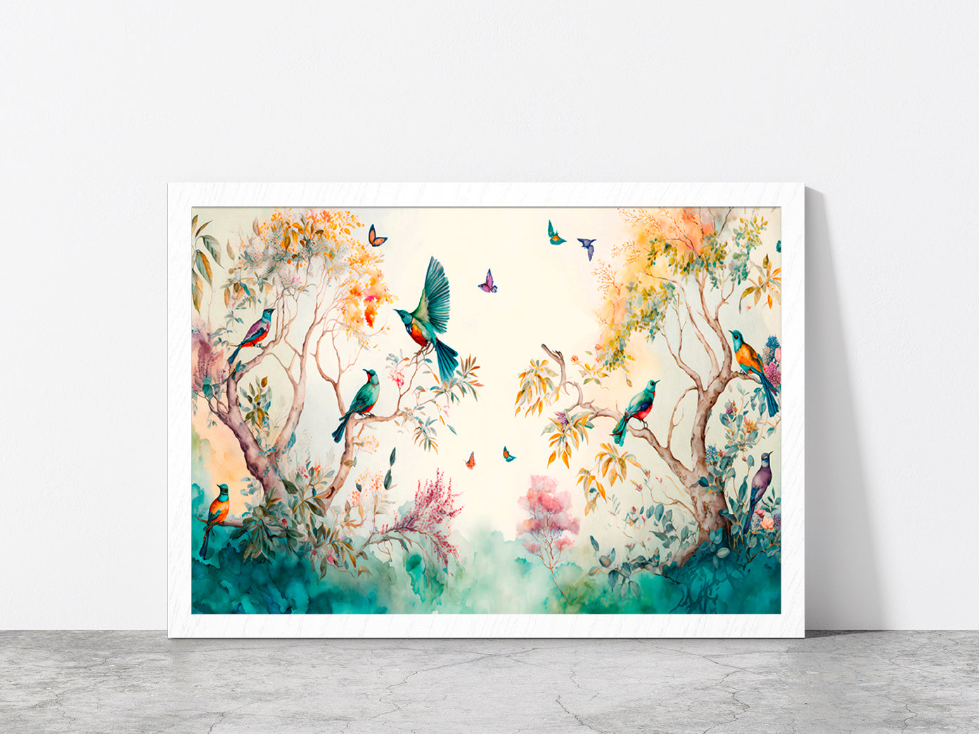 Birds & Butterflies Garden Paint Glass Framed Wall Art, Ready to Hang Quality Print Without White Border White