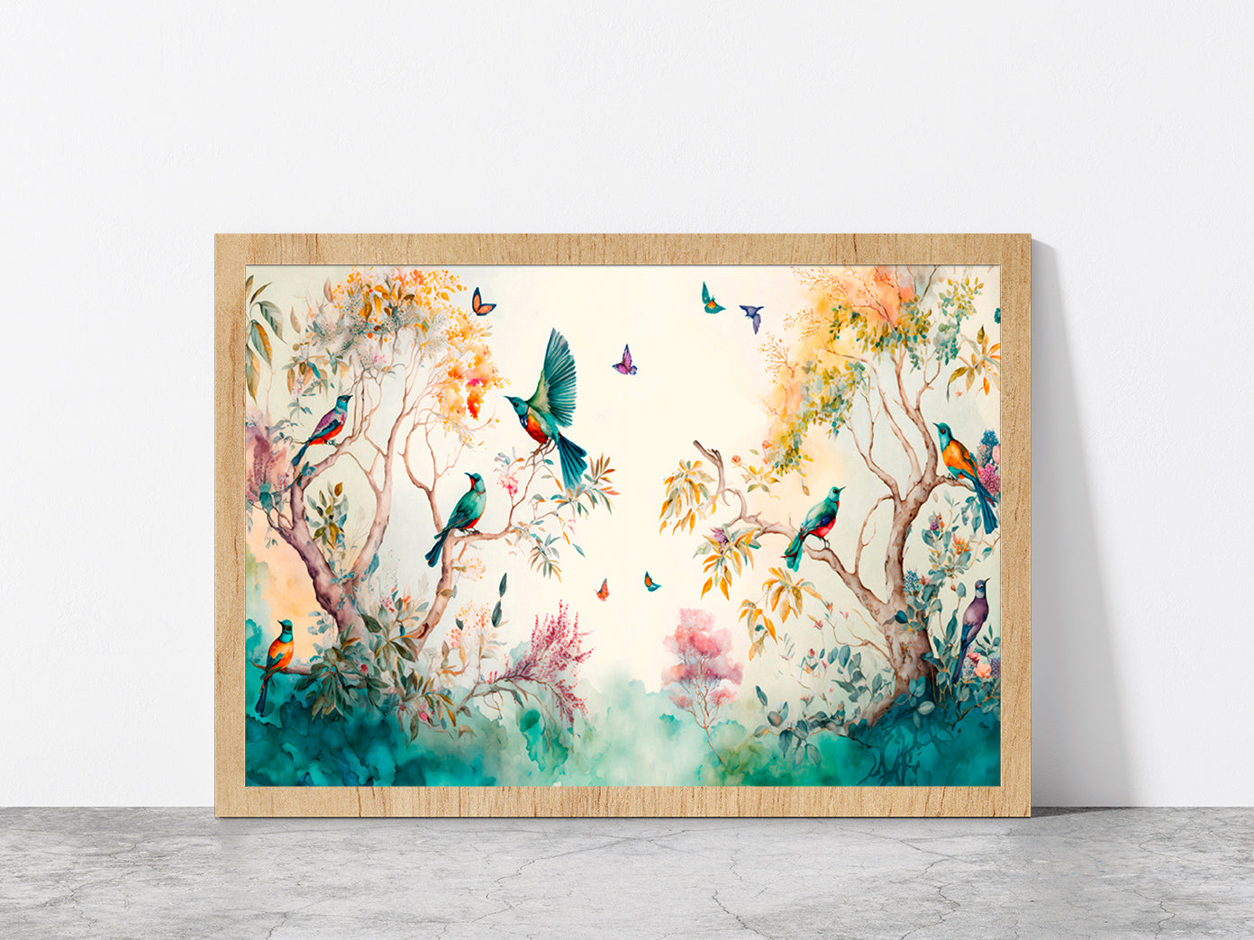 Birds & Butterflies Garden Paint Glass Framed Wall Art, Ready to Hang Quality Print Without White Border Oak