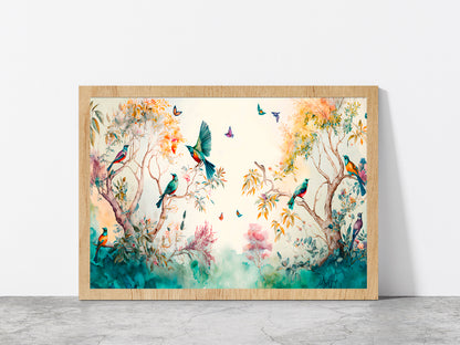 Birds & Butterflies Garden Paint Glass Framed Wall Art, Ready to Hang Quality Print Without White Border Oak