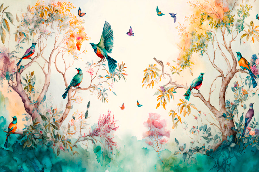 Birds & Butterflies Garden Paint Glass Framed Wall Art, Ready to Hang Quality Print