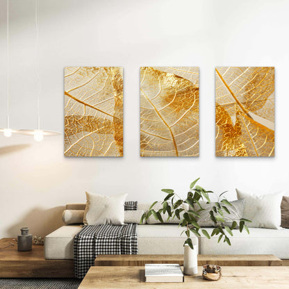3pcs Gold Leaf Skeleton Veins Modern Wall Art Set Canvas Framed 50x70cm - High Quality Print 100% Australian Made Wall Canvas Ready to Hang