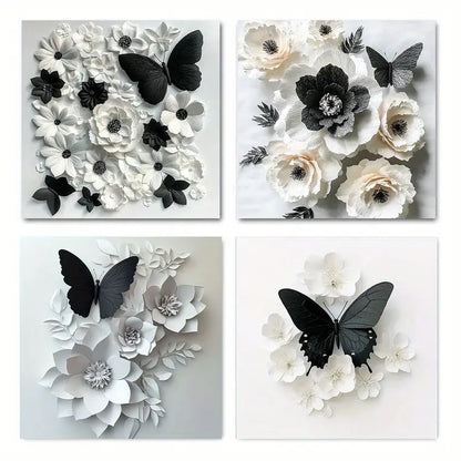 4pcs Black And White With White Flowers Wall Art Canvas Framed