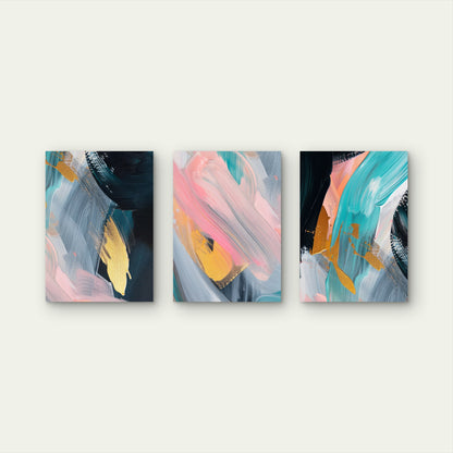 3pcs Abstract Teal Pink Navy Brushstroke Wall Art Set Canvas Framed 40x60cm - High Quality Print 100% Australian Made Wall Canvas Ready to Hang