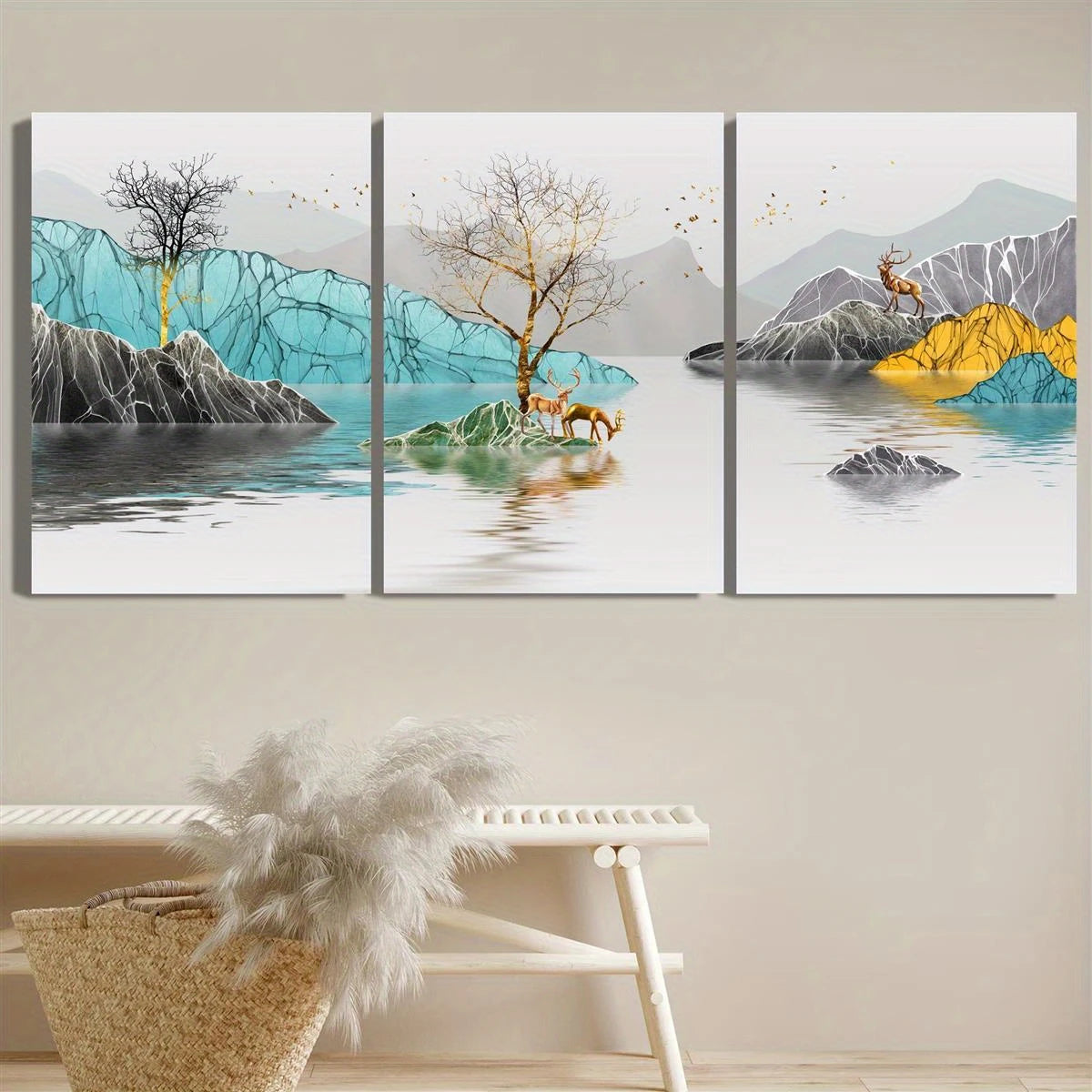 3pcs Serene Lake & Elk Watercolor Scenes Classic Design Metal Print Ready to Hang Art