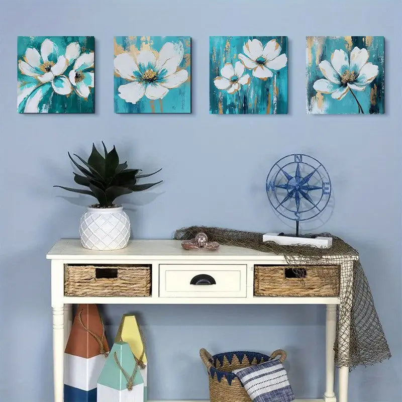 4pcs Teal Green Flower  Picture FP   Wall Art Canvas Framed