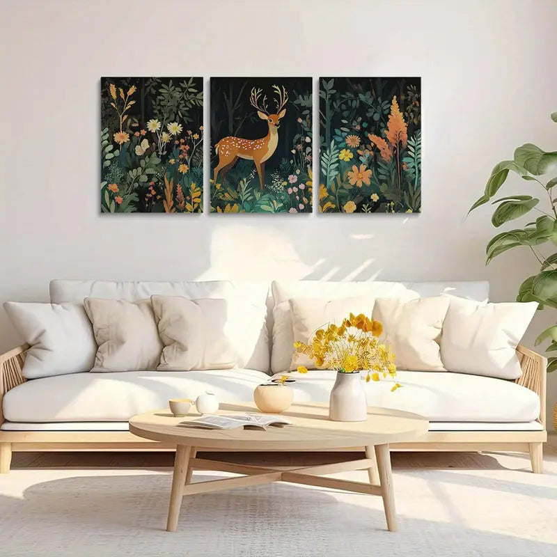 3pcs Deer in the Forest Flowers & Plants, Vibrant Metal Print Ready to Hang Art