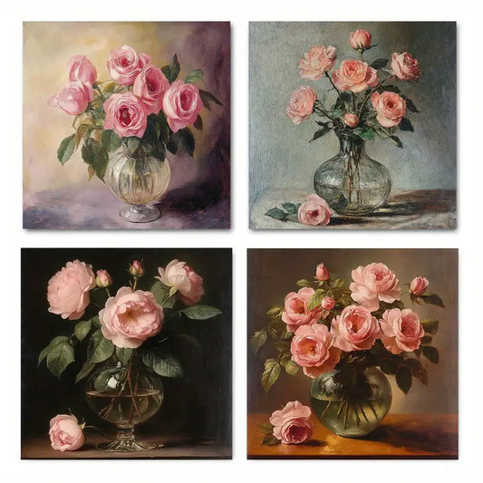 4pcs Pink Rose Flower Decor Wall Art Canvas Framed