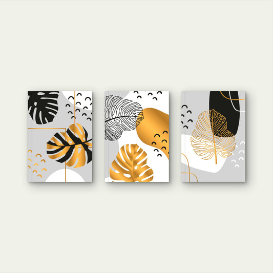 3pcs Abstract Gold Leaf Grey Botanical Trio Wall Art Set Canvas Framed 60x90cm - High Quality Print 100% Australian Made Wall Canvas Ready to Hang