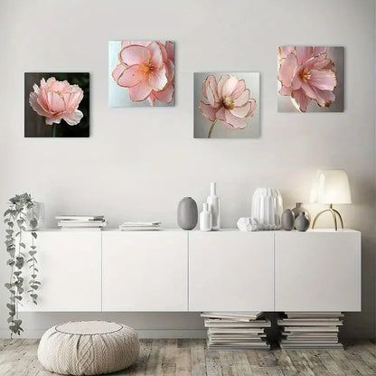 4pcs Pink Peony & Golden Accents Wall Art Canvas Framed