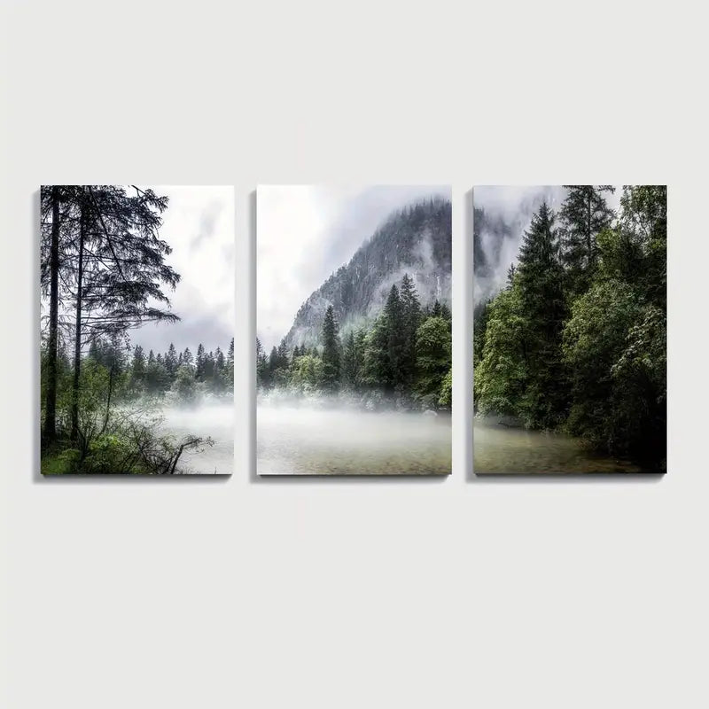 3pcs Nordic Foggy Mountain Forest Scene Wall Art Set Canvas Framed 40x60cm - High Quality Print 100% Australian Made Wall Canvas Ready to Hang