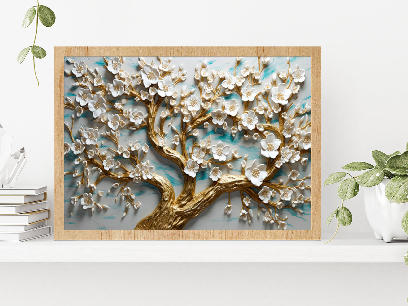 White Flowered Tree Painting Glass Framed Wall Art, Ready to Hang Quality Print Without White Border Oak