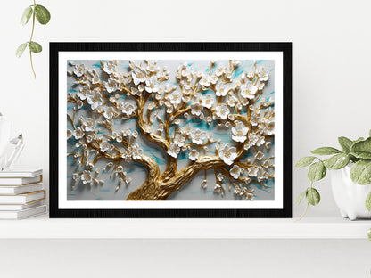 White Flowered Tree Painting Glass Framed Wall Art, Ready to Hang Quality Print With White Border Black