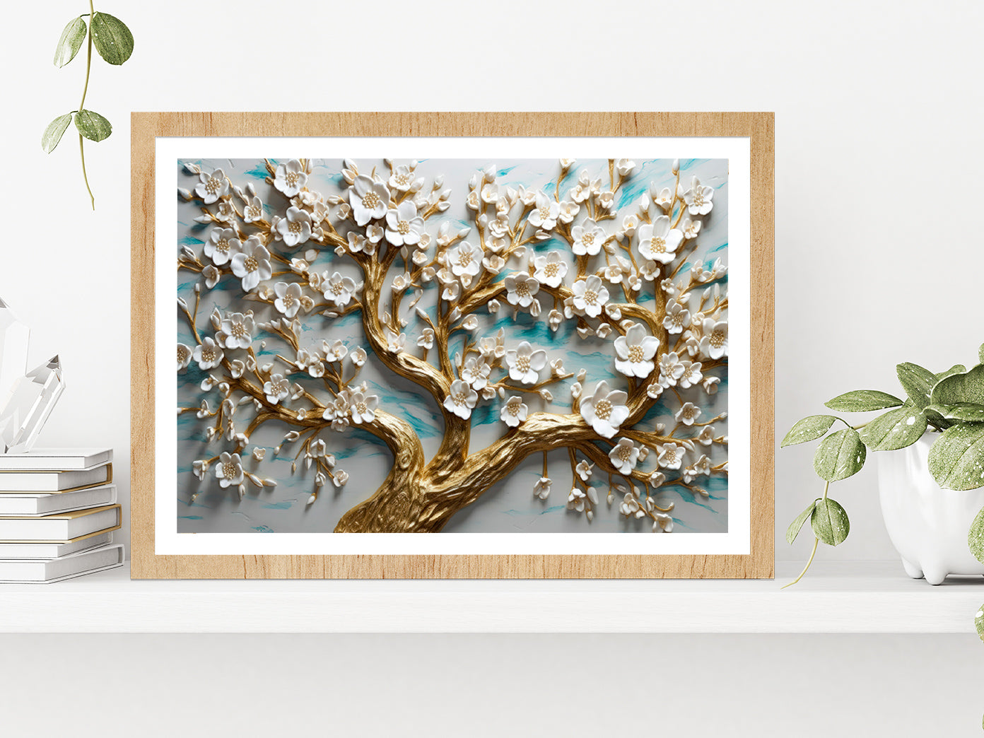 White Flowered Tree Painting Glass Framed Wall Art, Ready to Hang Quality Print With White Border Oak