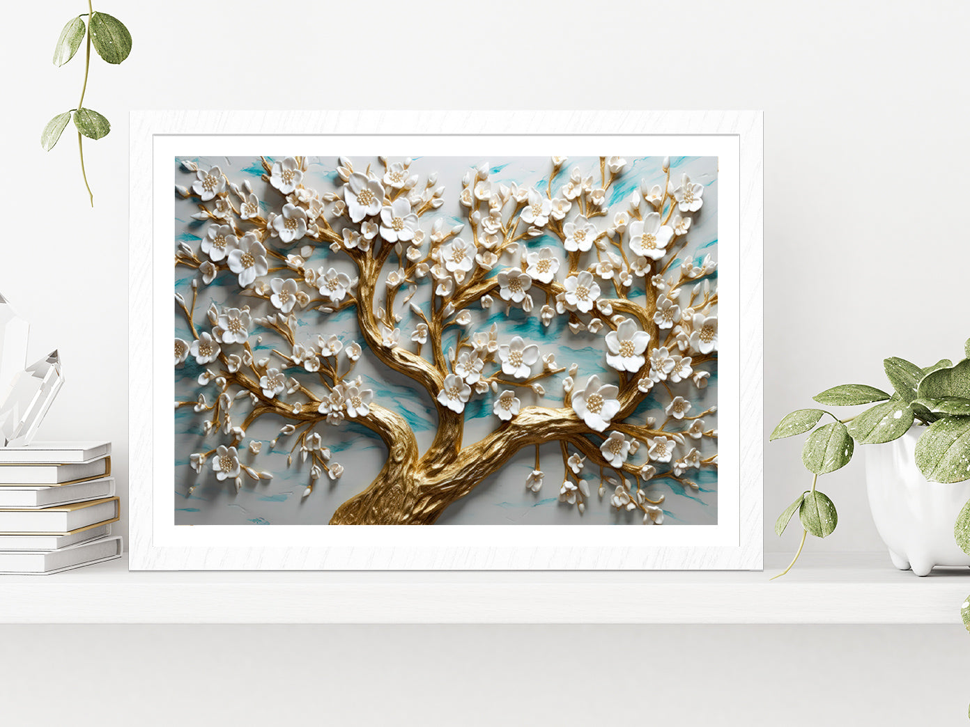 White Flowered Tree Painting Glass Framed Wall Art, Ready to Hang Quality Print With White Border White