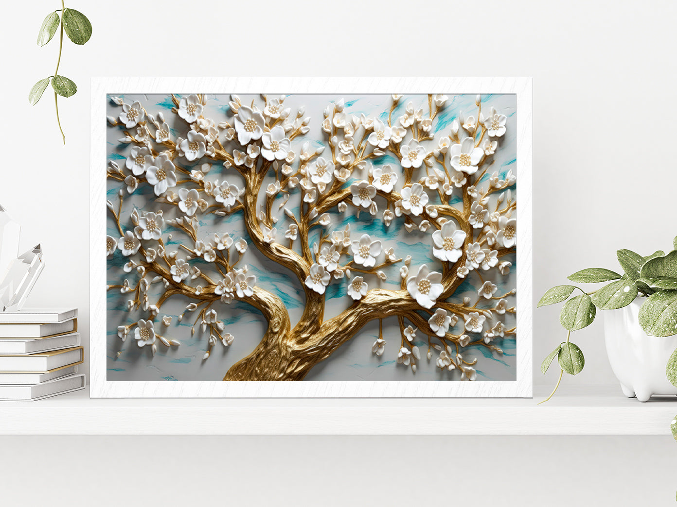 White Flowered Tree Painting Glass Framed Wall Art, Ready to Hang Quality Print Without White Border White