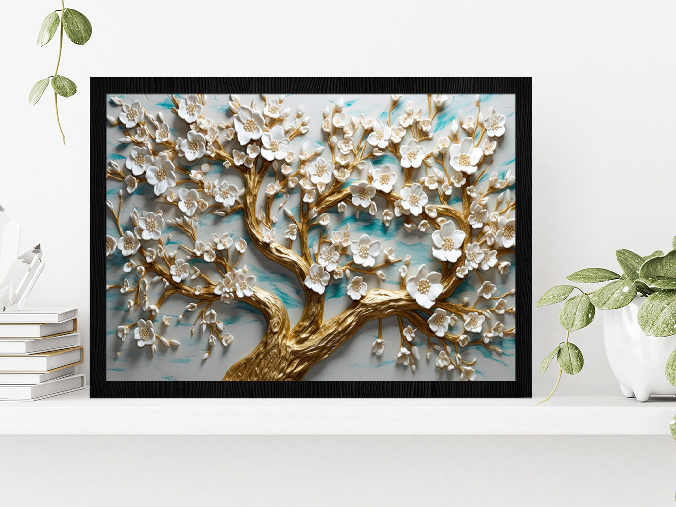 White Flowered Tree Painting Glass Framed Wall Art, Ready to Hang Quality Print Without White Border Black