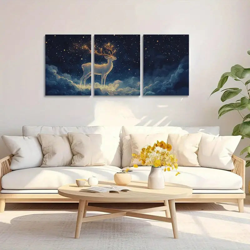 3pcs Deer & Starry Night Sky with Golden Antlers Metal Print Ready to Hang Art