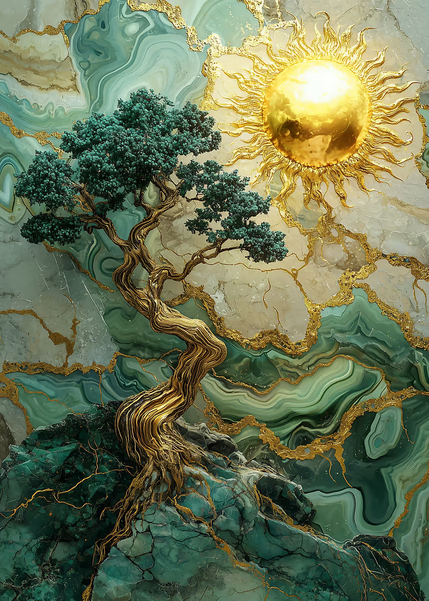 Gold Sun Marble Emerald Tree 60x90cm Metal Print Ready to Hang