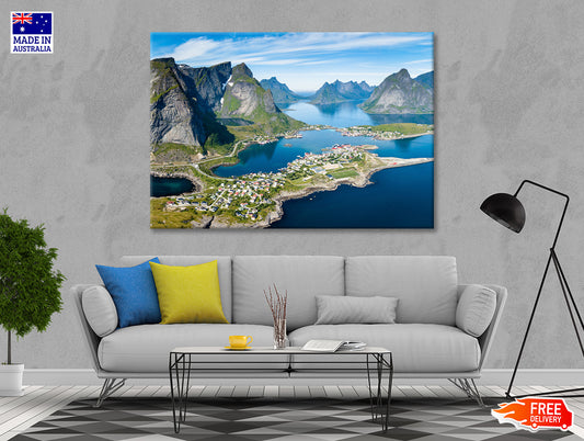 A Scenic View of Lofoten on the Water with Mountains Print 100% Australian Made