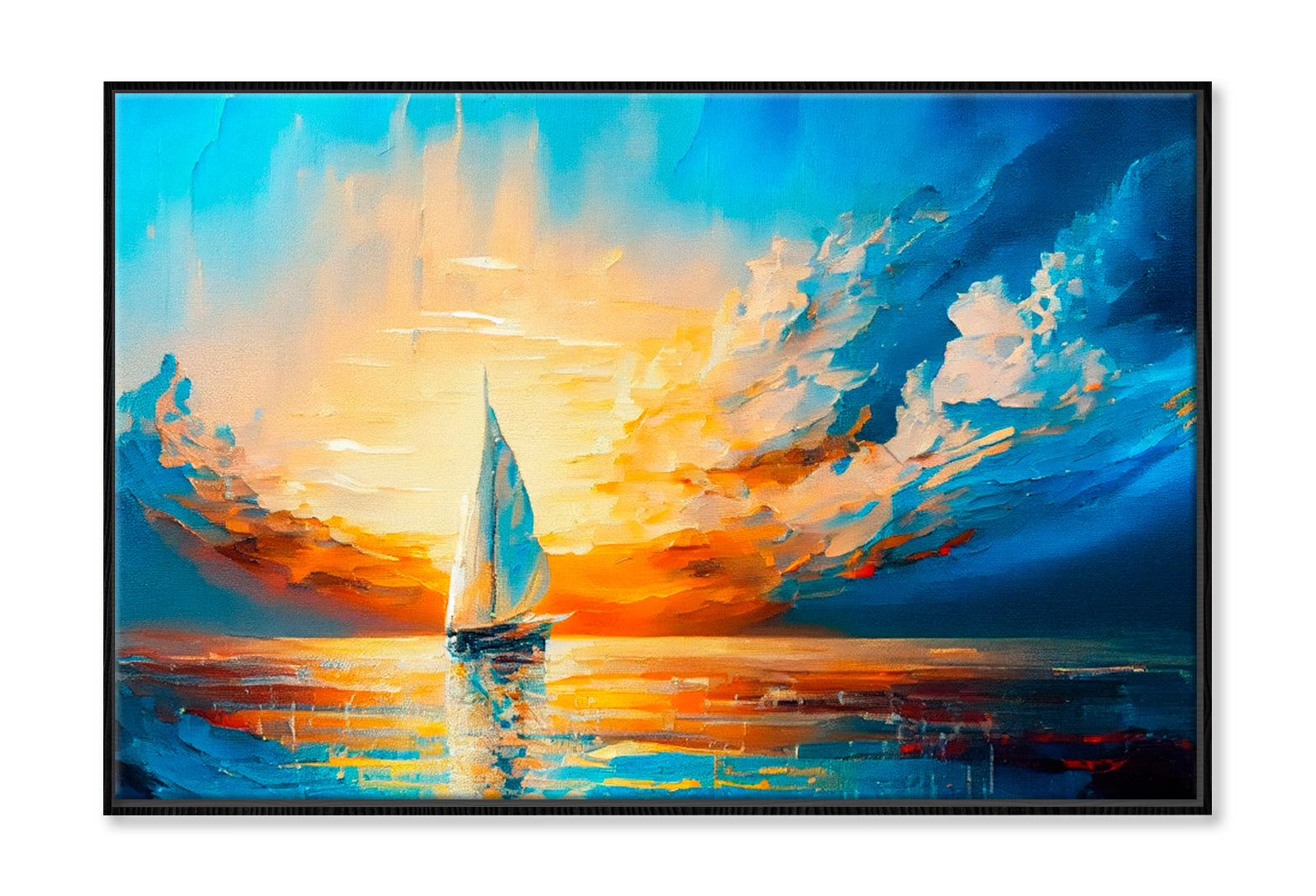 Sailboat Boat at Sunset On The Ocean Oil Painting Wall Art Limited Edition High Quality Print Canvas Box Framed Black