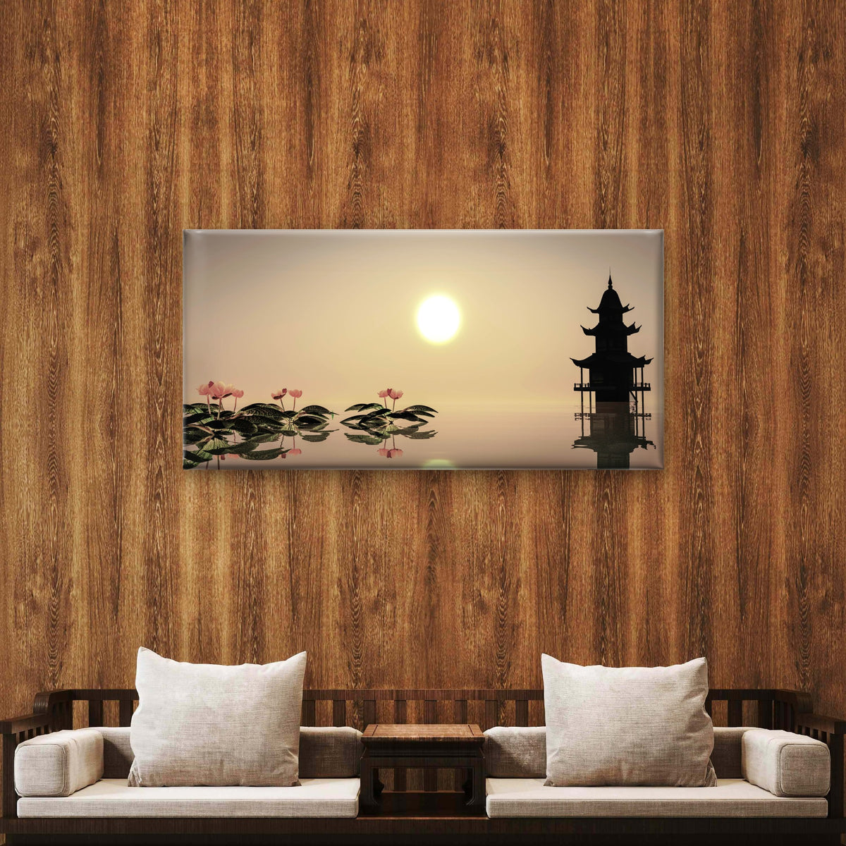 Zen Pagoda Sunset Lotus Water Wall Art Canvas Office Home Room Framed 120x60cm
