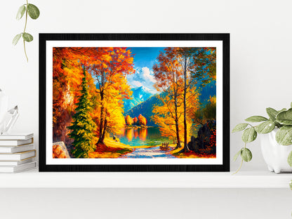 Reflection Of Autumn Trees In Water, Autumn Lake Glass Framed Wall Art, Ready to Hang Quality Print With White Border Black