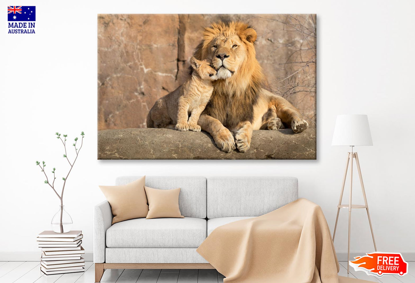 Male African Lion Is Cuddled by His Cub Wall Art Decor 100% Australian Made