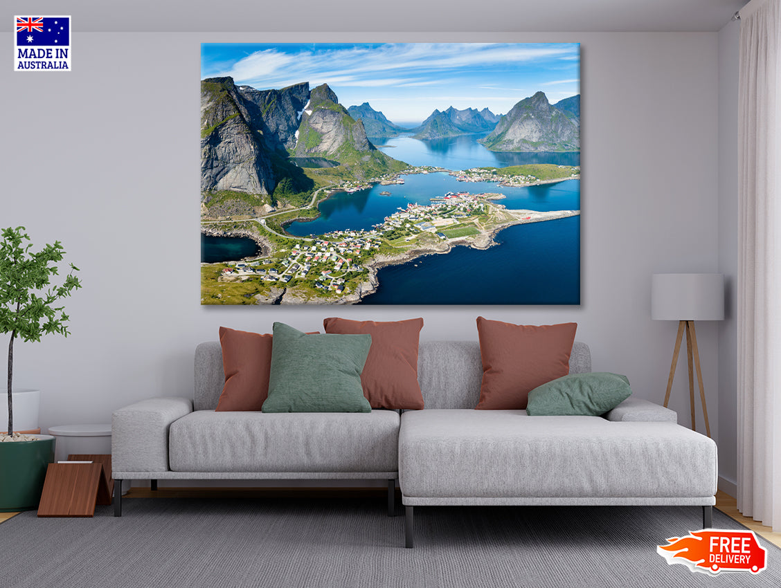 A Scenic View of Lofoten on the Water with Mountains Print 100% Australian Made