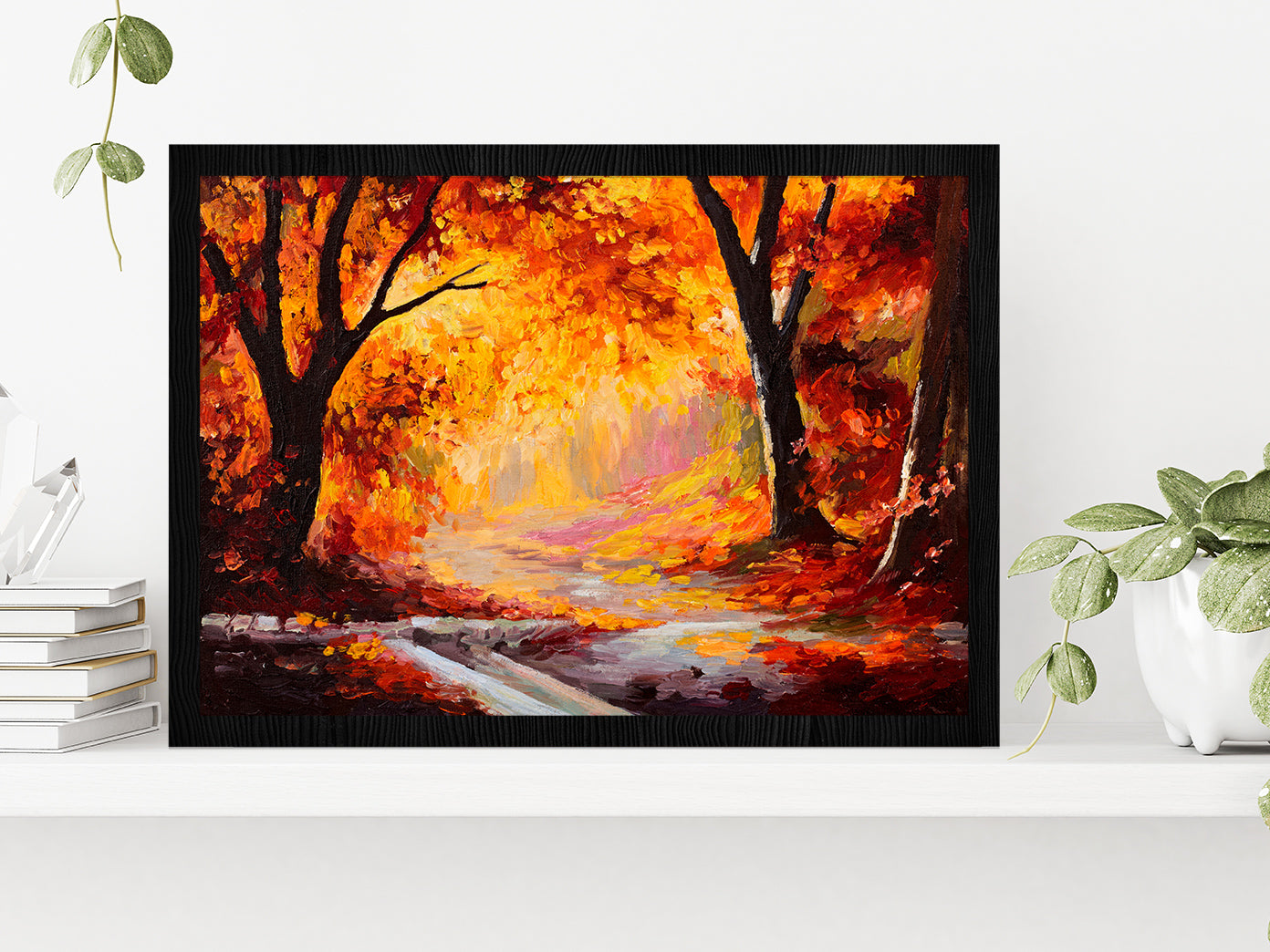 Autumn Forest Oil Painting Glass Framed Wall Art, Ready to Hang Quality Print Without White Border Black