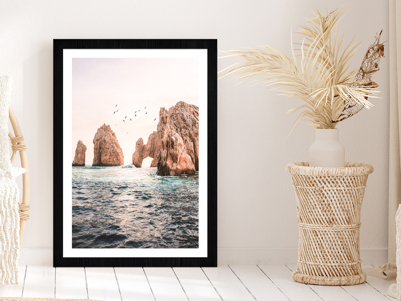 Rocks on Sea Faded View Photograph Glass Framed Wall Art, Ready to Hang Quality Print With White Border Black