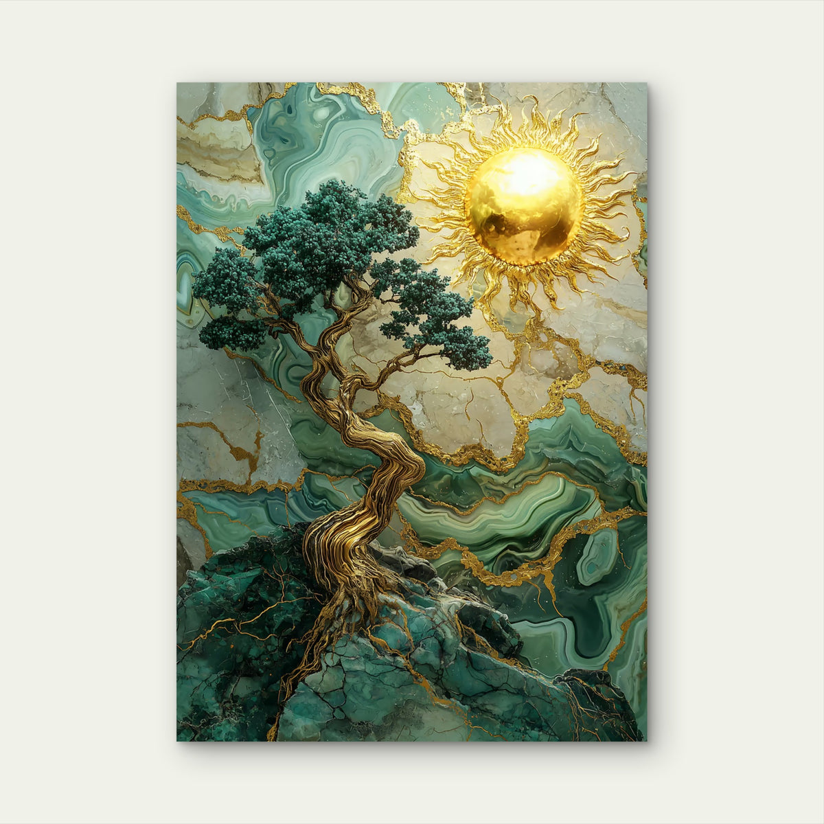 Gold Sun Marble Emerald Tree 40x60cm Metal Print Ready to Hang