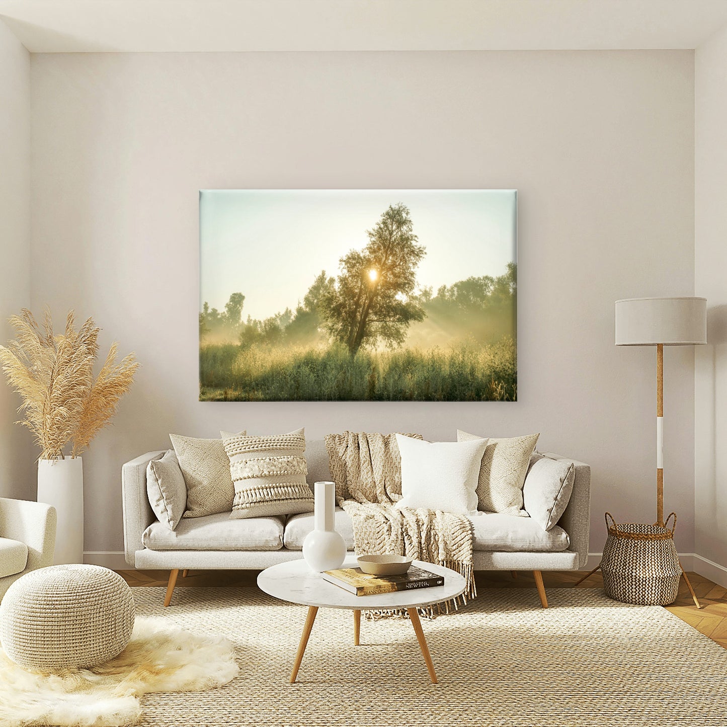 Golden Sunrise Through Lone Tree Foggy Meadow Wall Art Decor 100% Australian Made