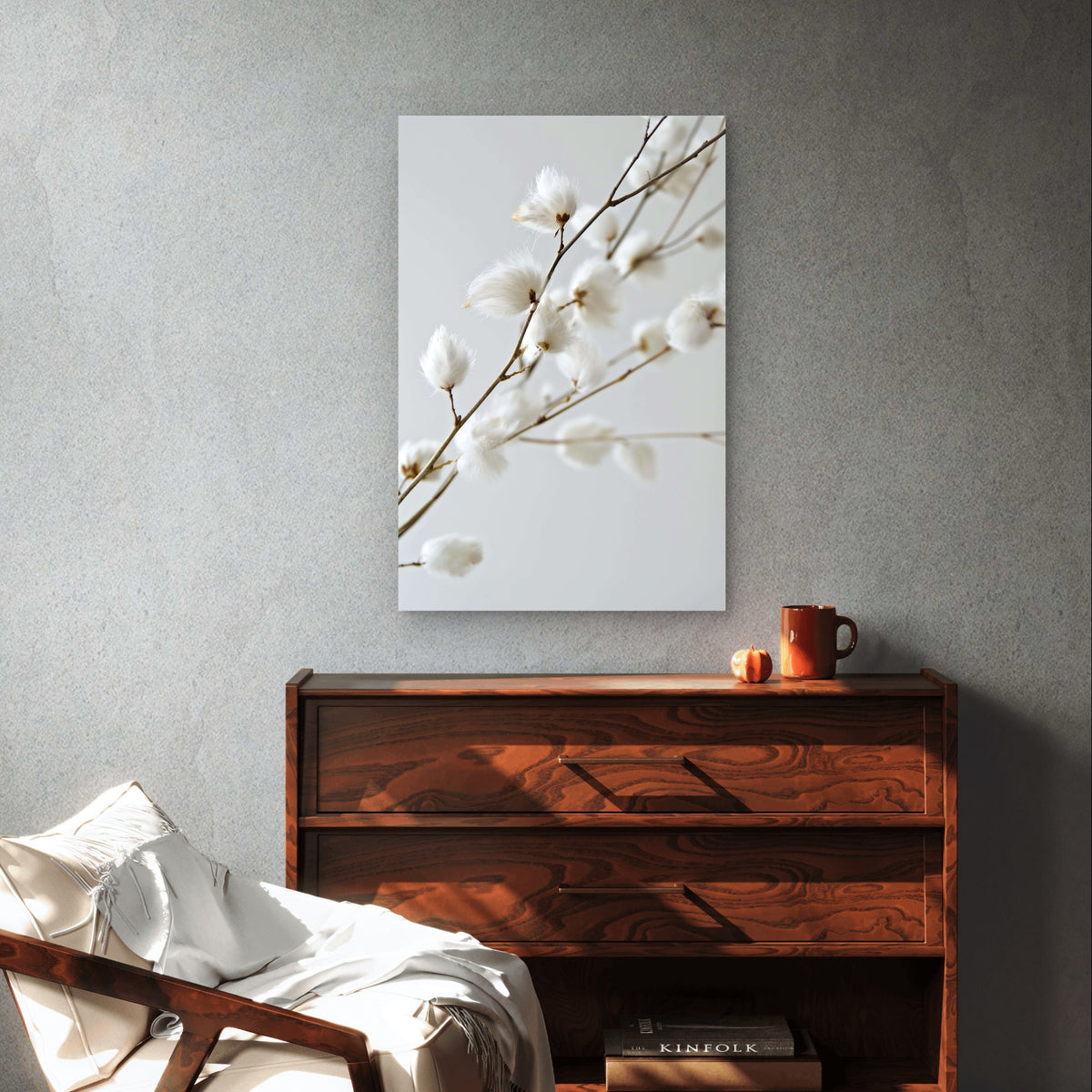White Cotton Flower Branch Minimalist 40x60cm Metal Print Ready to Hang