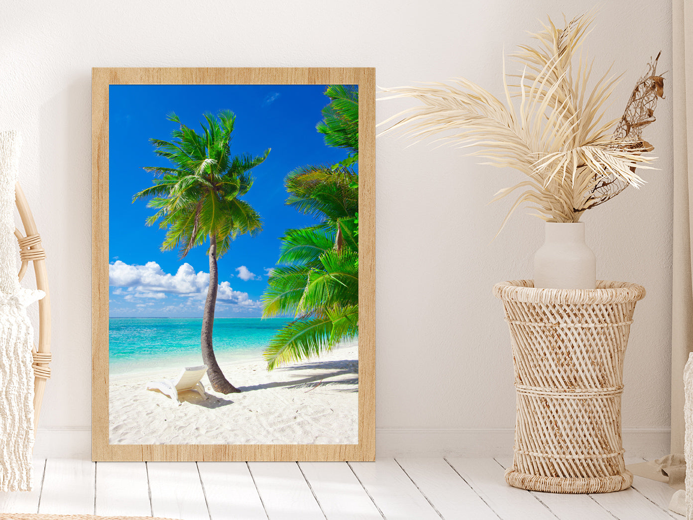 Palm Tree & Chair in Paradise Beach Photograph Glass Framed Wall Art, Ready to Hang Quality Print Without White Border Oak