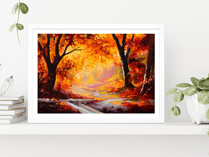 Autumn Forest Oil Painting Glass Framed Wall Art, Ready to Hang Quality Print With White Border White