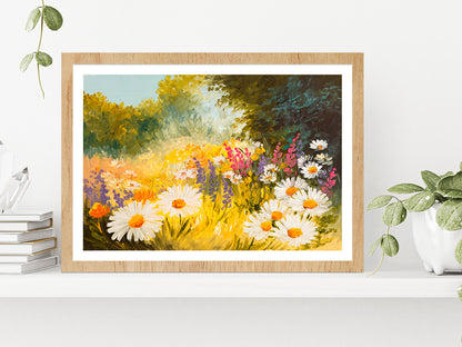 Field Of Daisies Oil Painting Glass Framed Wall Art, Ready to Hang Quality Print With White Border Oak