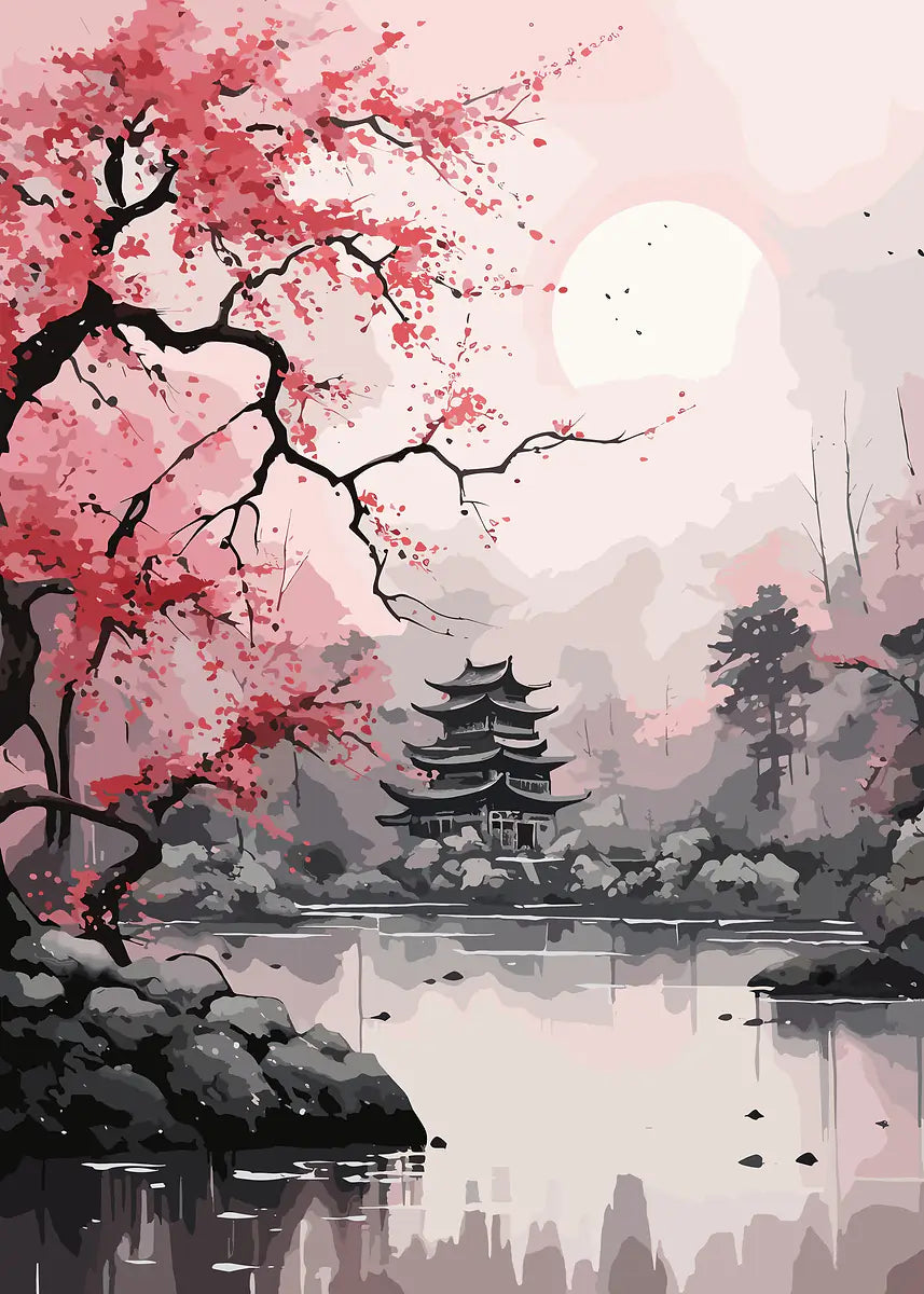 Zen Pagoda Sakura Lake 60x90cm Metal Print Ready to Hang