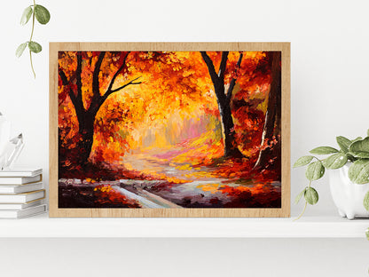 Autumn Forest Oil Painting Glass Framed Wall Art, Ready to Hang Quality Print Without White Border Oak