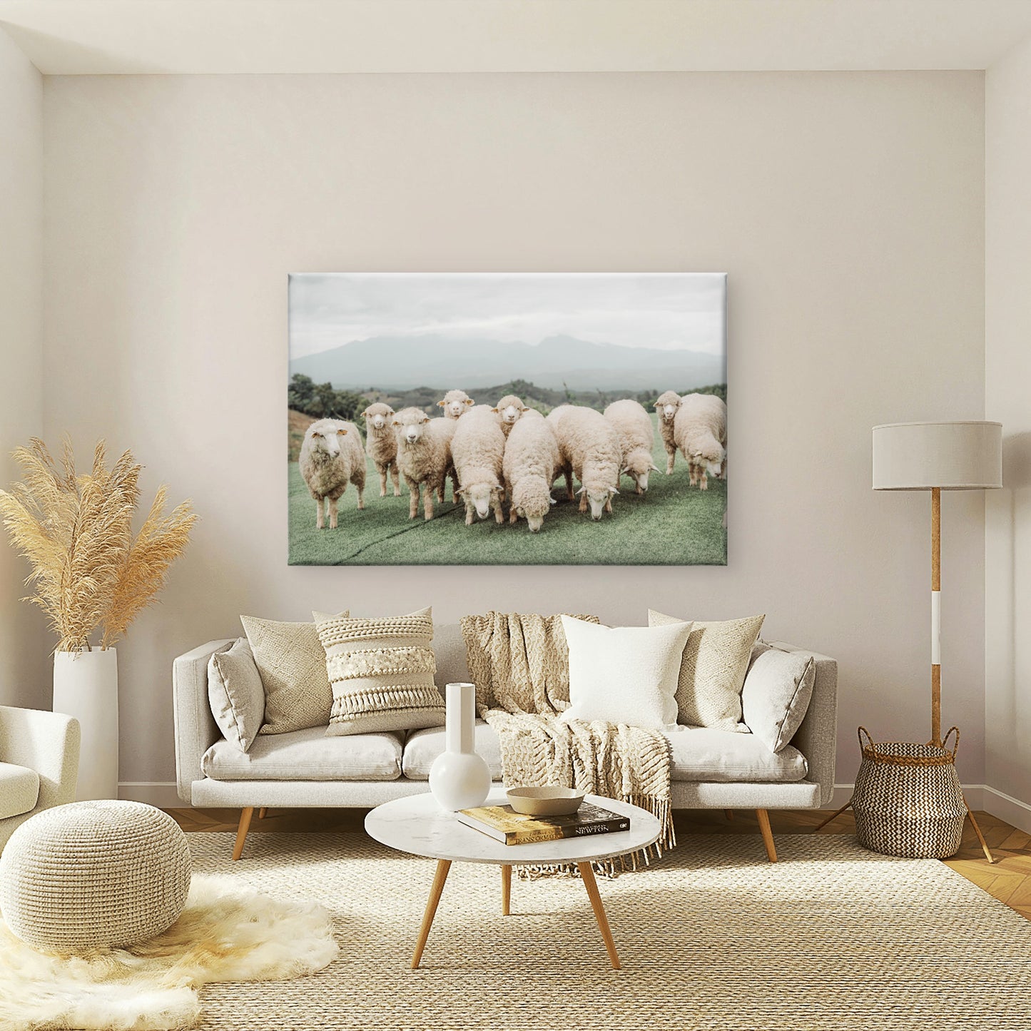 Neutral Toned Shaggy Sheep on Green Hill with Misty Mountains Wall Art Decor 100% Australian Made
