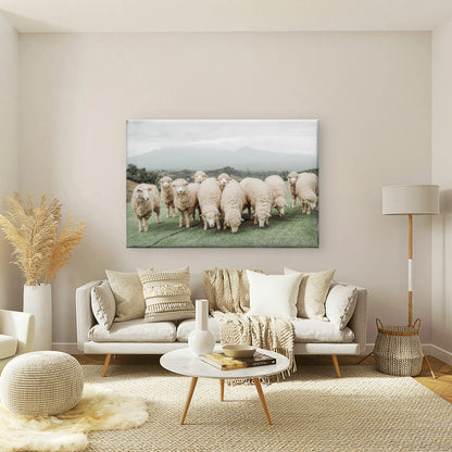 Neutral Toned Shaggy Sheep on Green Hill with Misty Mountains Wall Art Decor 100% Australian Made