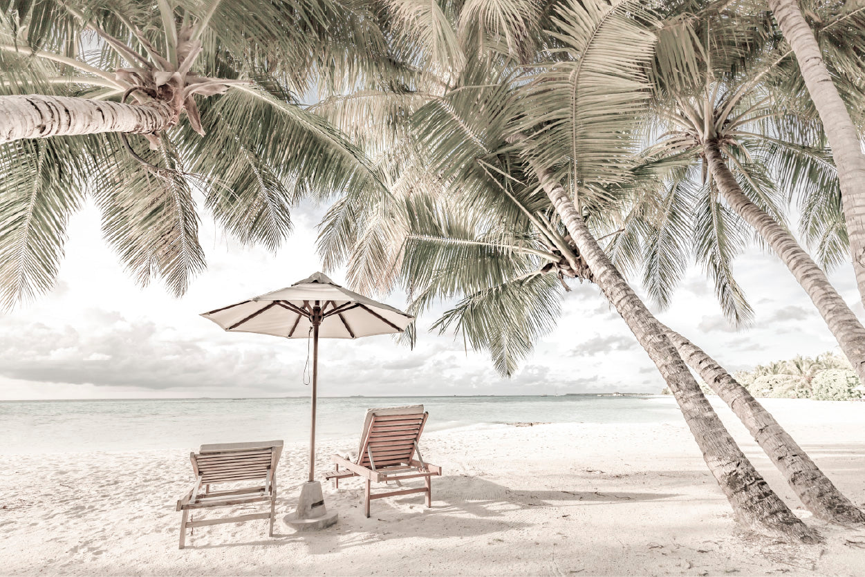 Beach Hut & Palm Trees near Sand Beach Photograph Glass Framed Wall Art, Ready to Hang Quality Print