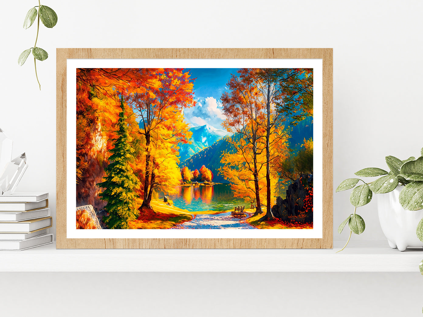 Reflection Of Autumn Trees In Water, Autumn Lake Glass Framed Wall Art, Ready to Hang Quality Print With White Border Oak