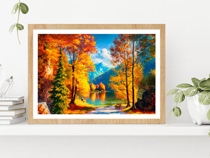 Reflection Of Autumn Trees In Water, Autumn Lake Glass Framed Wall Art, Ready to Hang Quality Print With White Border Oak