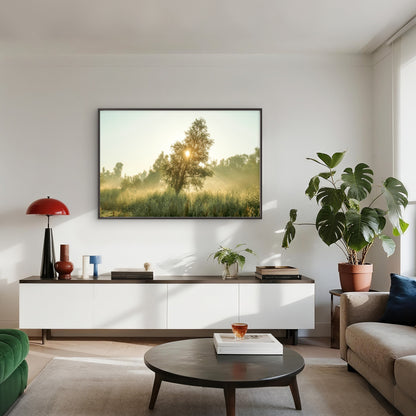 Golden Sunrise Through Lone Tree Foggy Meadow Wall Art Decor 100% Australian Made