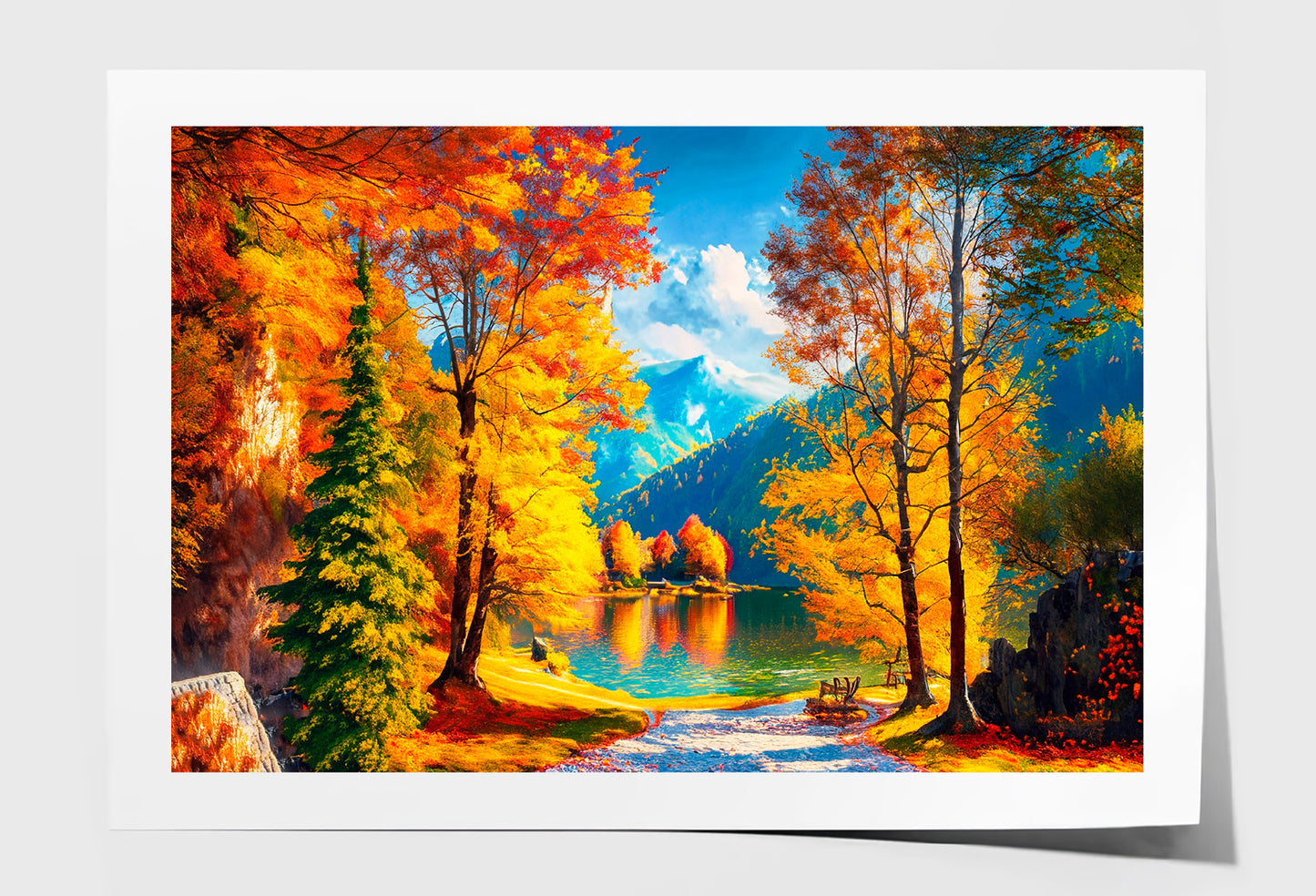 Reflection Of Autumn Trees In Water, Autumn Lake Oil Painting Limited Edition High Quality Print Unframed Roll Canvas None