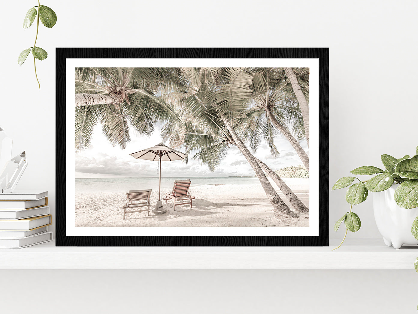 Beach Hut & Palm Trees near Sand Beach Photograph Glass Framed Wall Art, Ready to Hang Quality Print With White Border Black