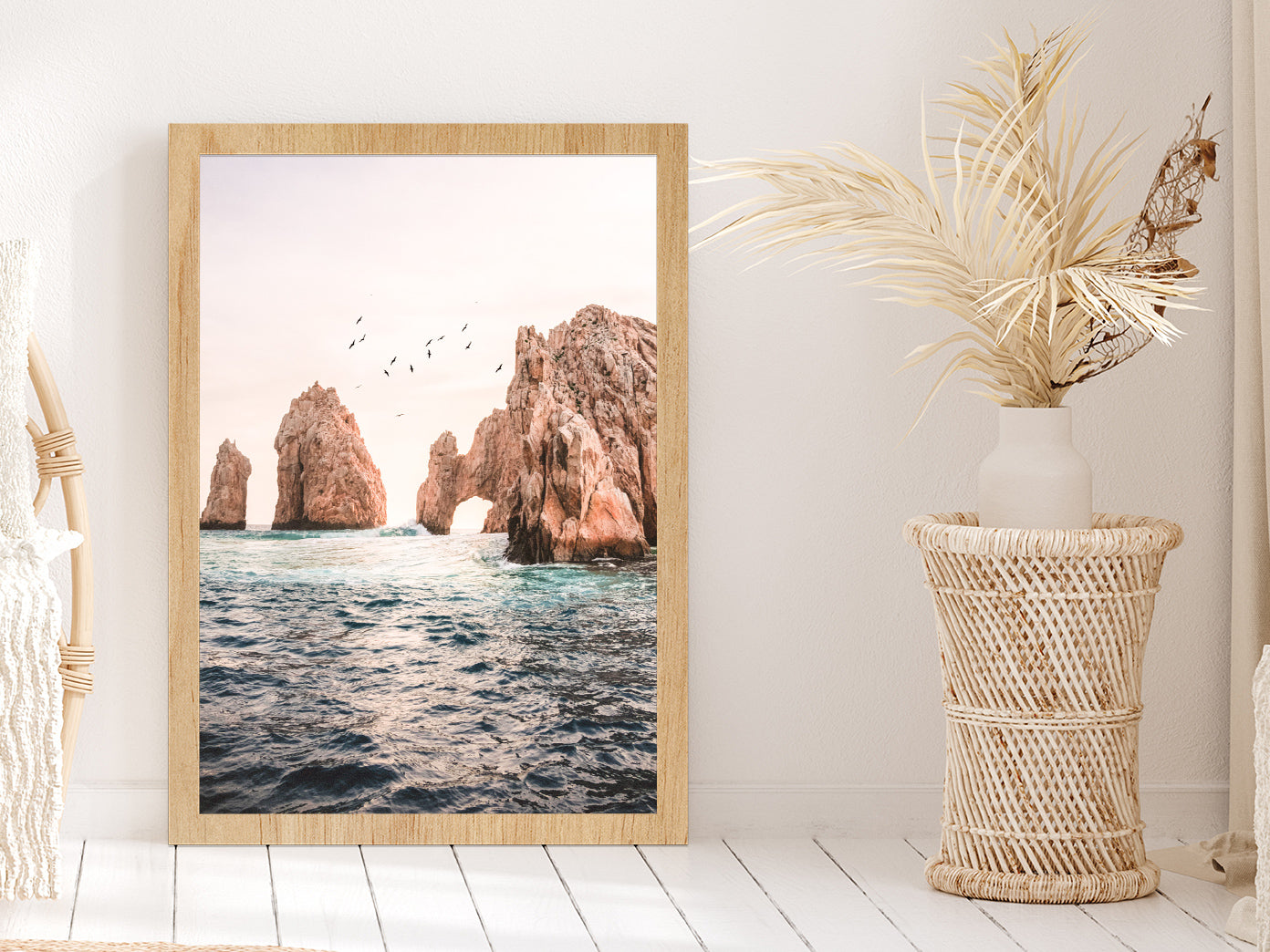 Rocks on Sea Faded View Photograph Glass Framed Wall Art, Ready to Hang Quality Print Without White Border Oak