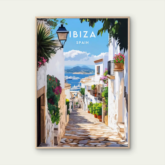 Spain Ibiza Vibrant Street Scene with Blue Sky & Ocean Travel Poster Print Wall Art